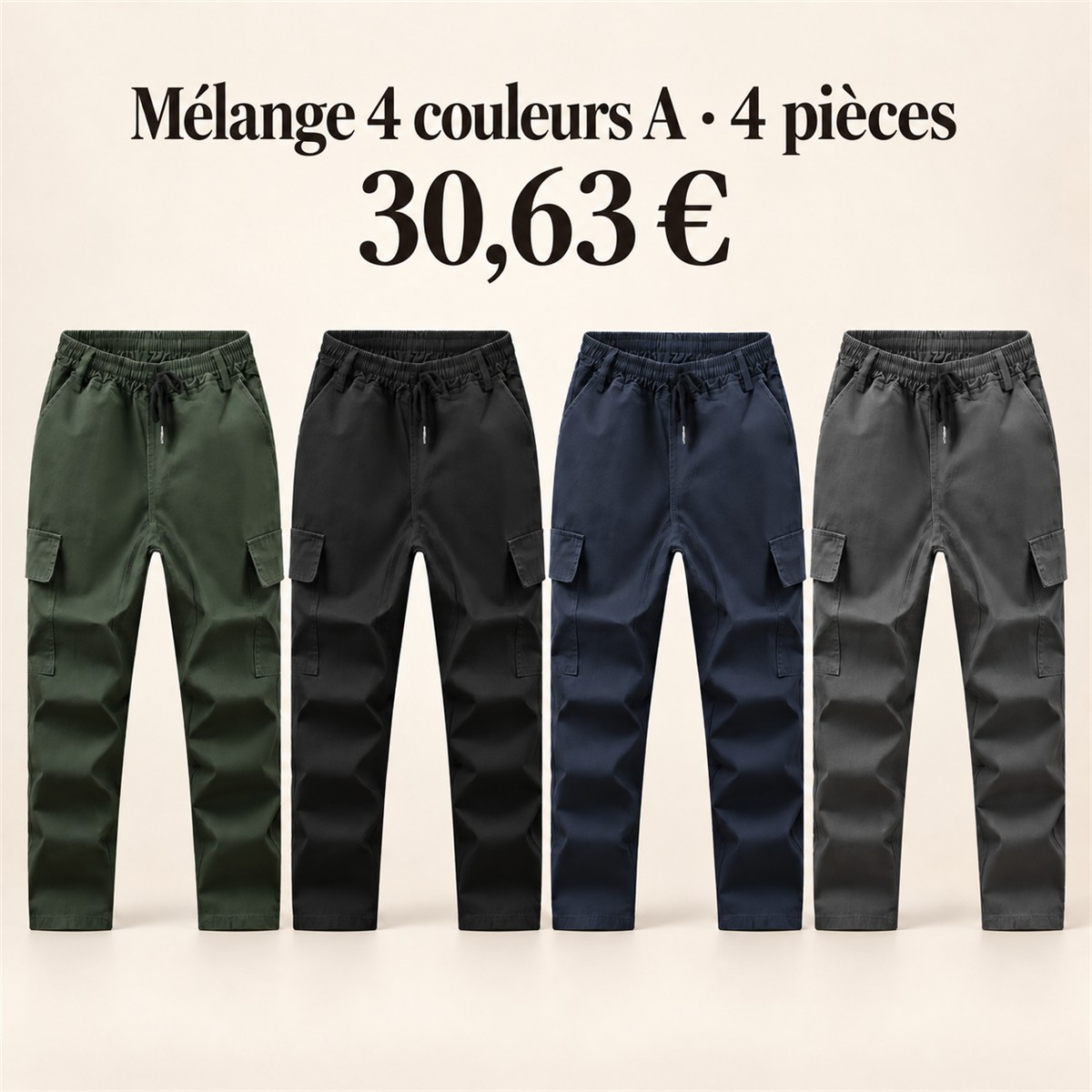 Pantalon cargo homme à taille élastique – lot - Lot de 4 pièces, assortiment A: Vert foncé / Noir / Bleu marine / Anthracite