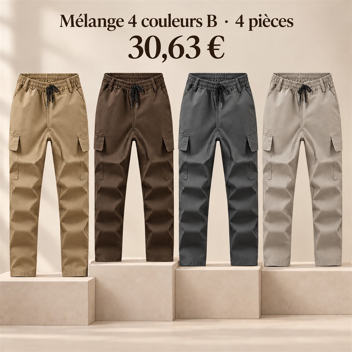 Pantalon cargo homme à taille élastique – lot - Lot de 4 pièces, assortiment B: Kaki / Marron / Ardoise / Pierre