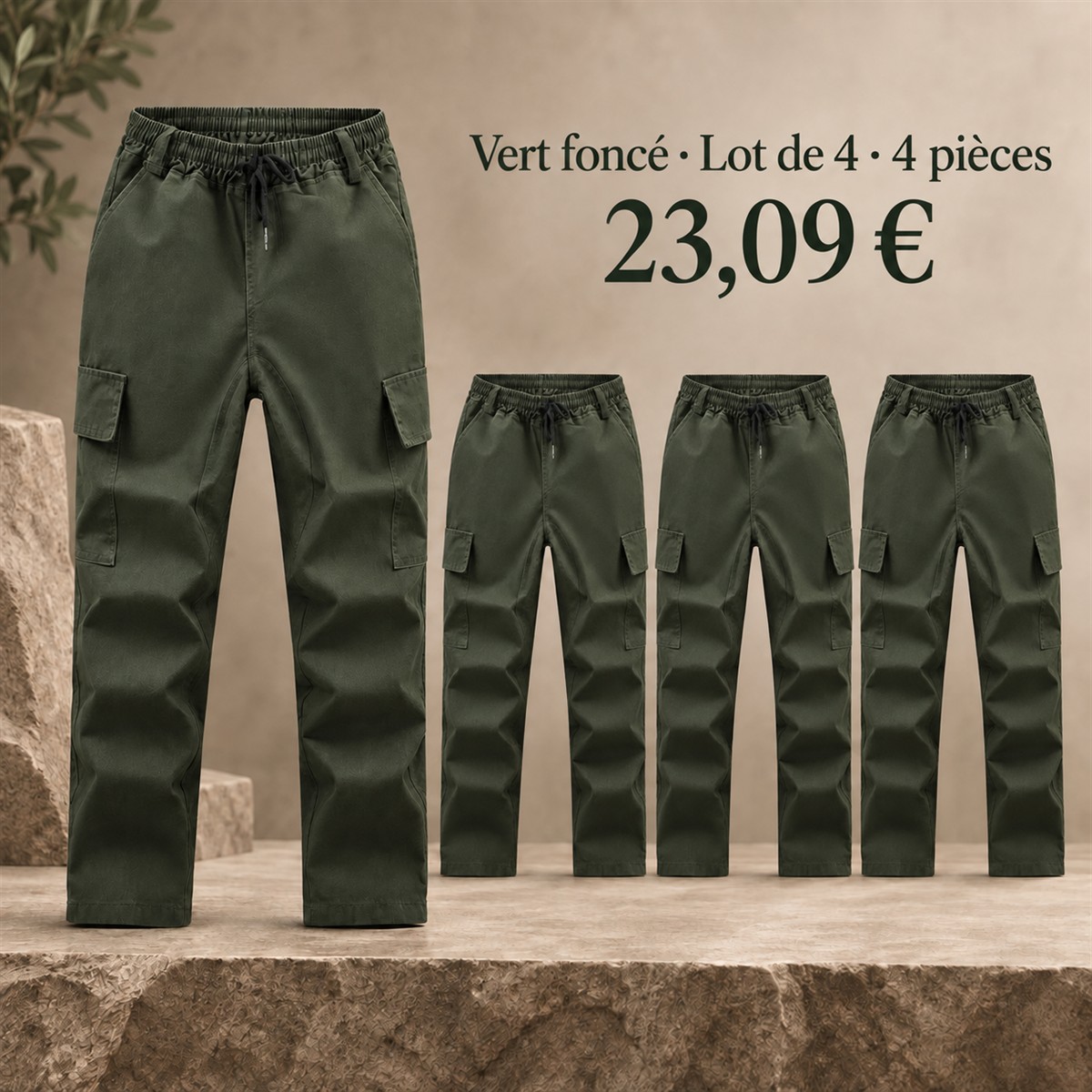 Pantalon cargo homme à taille élastique – lot - Vert foncé 鈥?Lot de 4 pièces