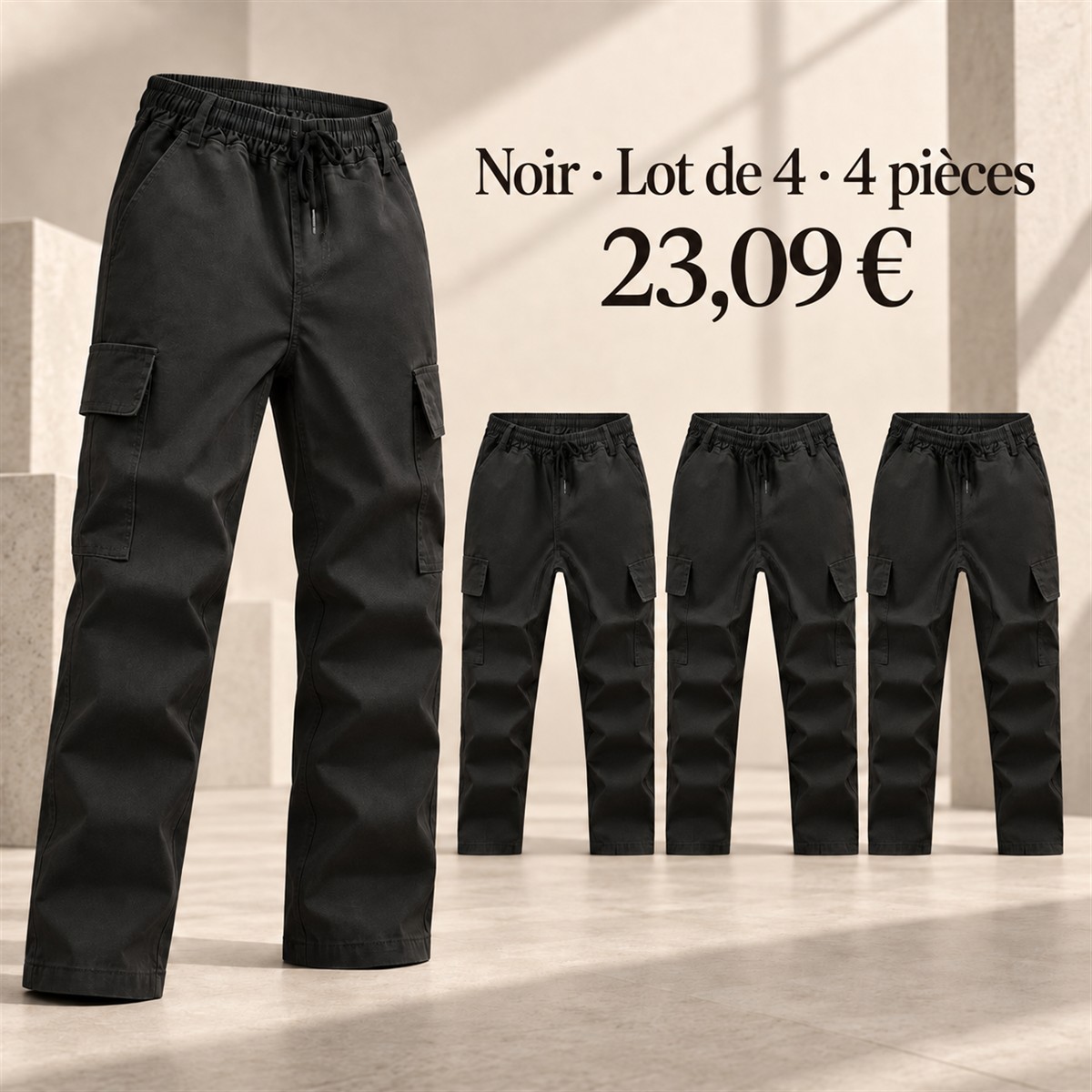 Pantalon cargo homme à taille élastique – lot - Noir 鈥?Lot de 4 pièces