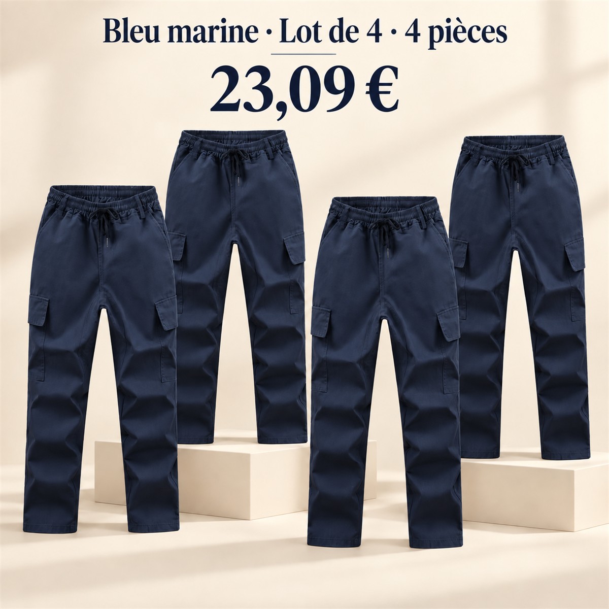 Pantalon cargo homme à taille élastique – lot - Bleu marine 鈥?Lot de 4 pièces