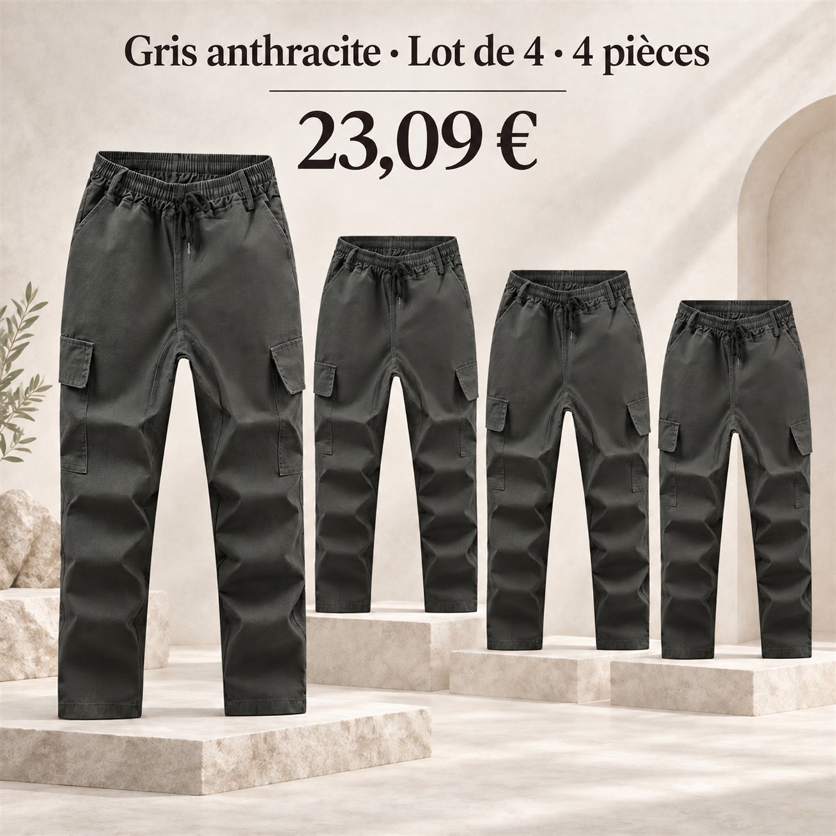 Pantalon cargo homme à taille élastique – lot - Anthracite 鈥?Lot de 4 pièces