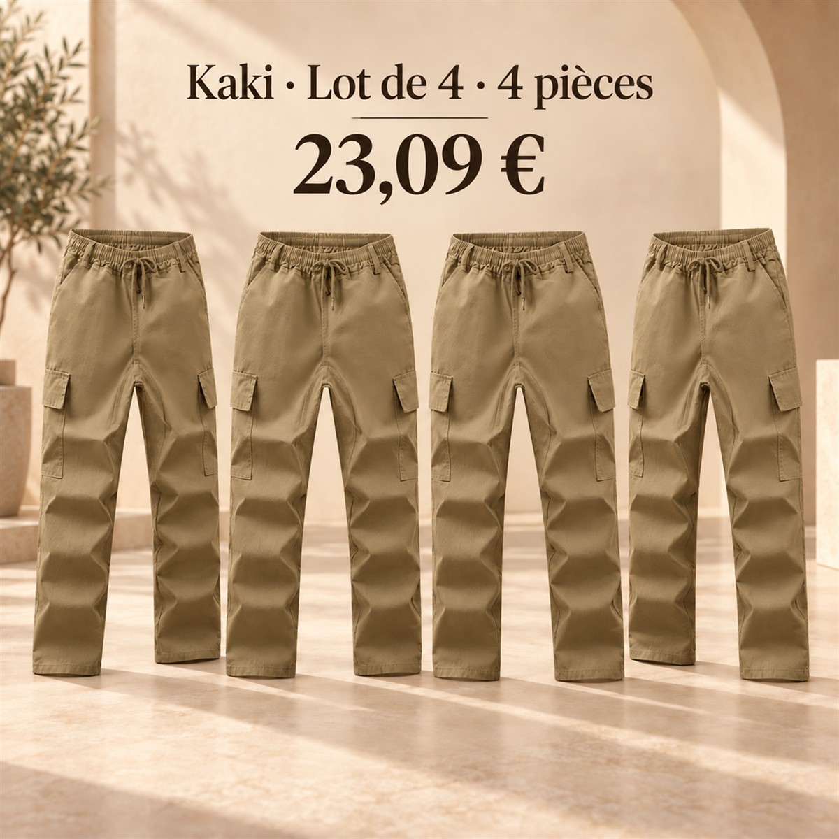 Pantalon cargo homme à taille élastique – lot - Kaki 鈥?Lot de 4 pièces