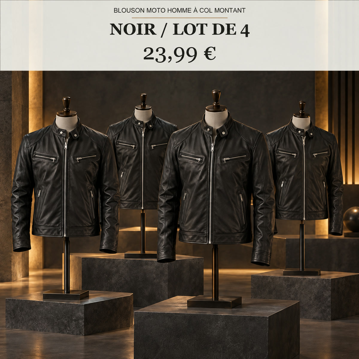 Veste moto homme à col montant – lot - Noir 鈥?Lot de 4 pièces