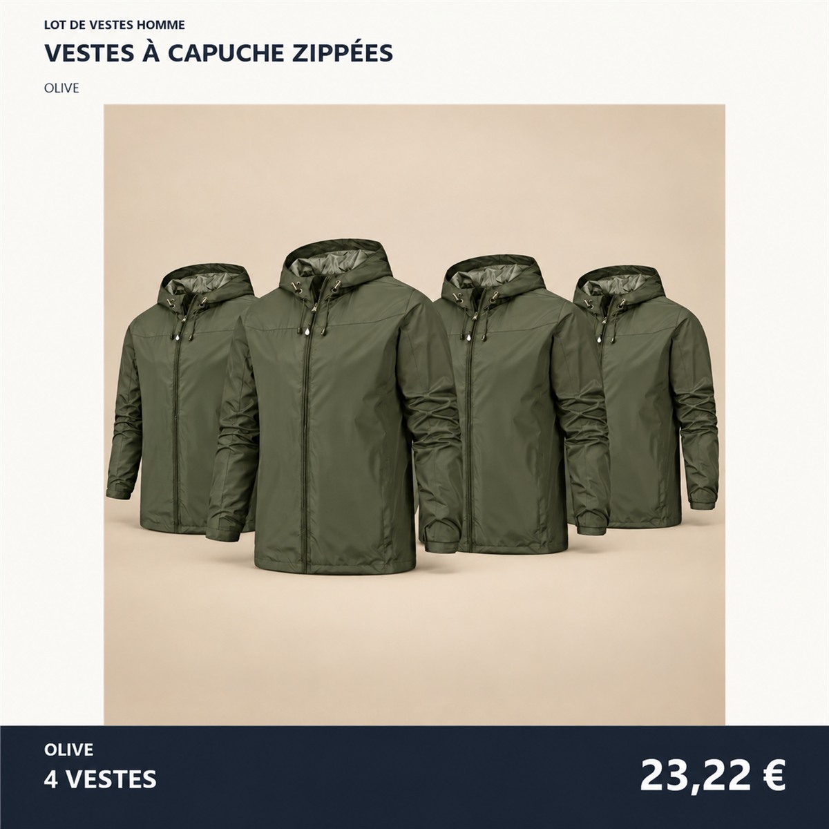 Veste homme à capuche et fermeture zippée – lot - Olive 鈥?Lot de 4 pièces
