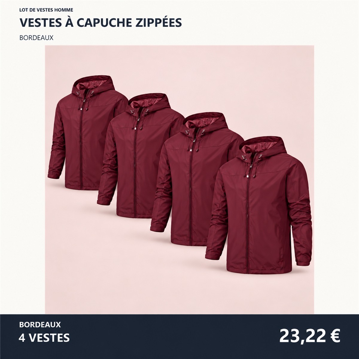 Veste homme à capuche et fermeture zippée – lot - Bordeaux 鈥?Lot de 4 pièces
