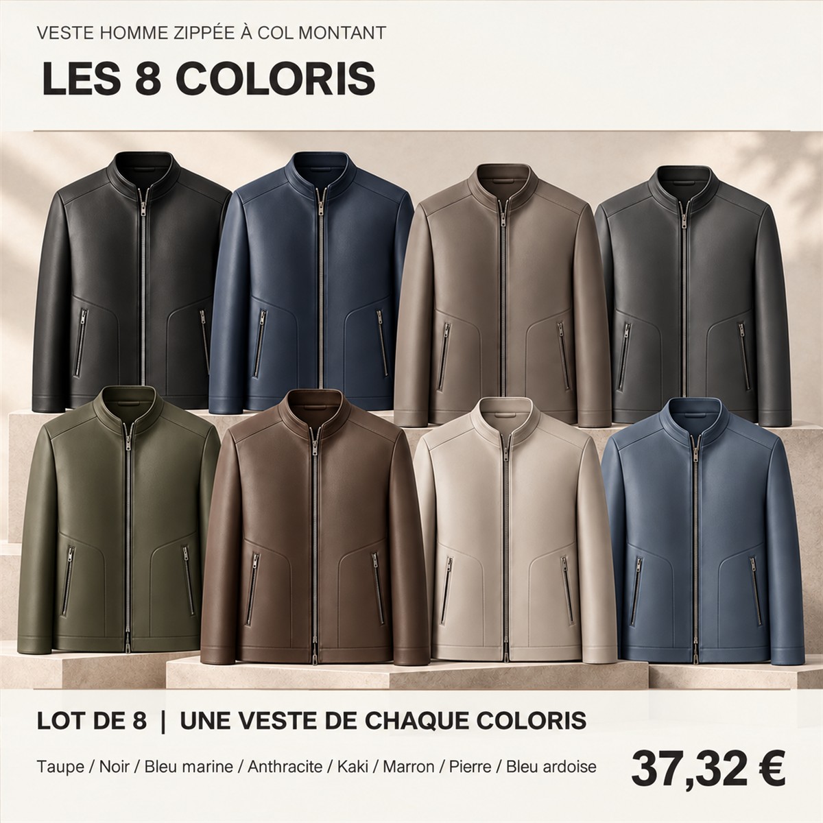 Veste homme zippée à col montant – lot - Lot de 8 pièces, toutes les couleurs