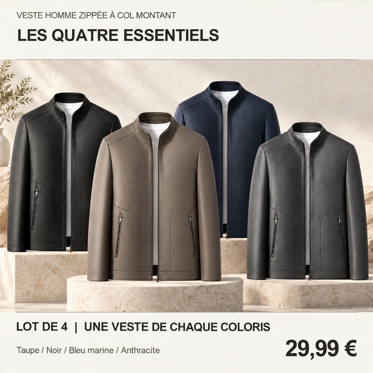 Veste homme zippée à col montant – lot - Lot de 4 pièces, assortiment A: Taupe / Noir / Bleu marine / Anthracite