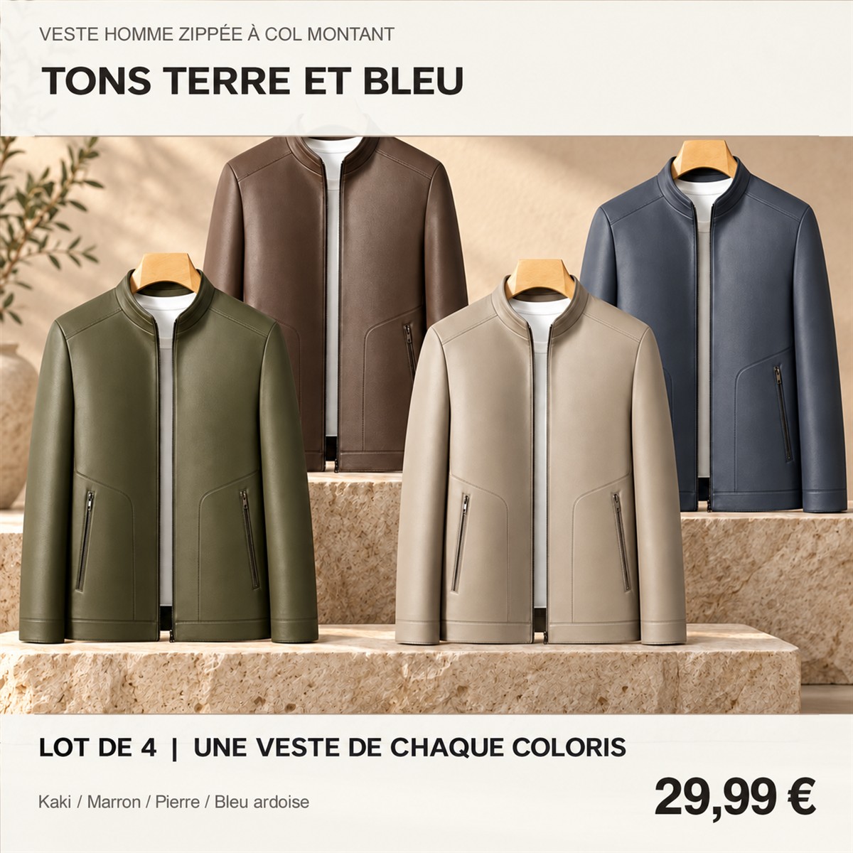 Veste homme zippée à col montant – lot - Lot de 4 pièces, assortiment B: Olive / Marron / Pierre / Bleu ardoise