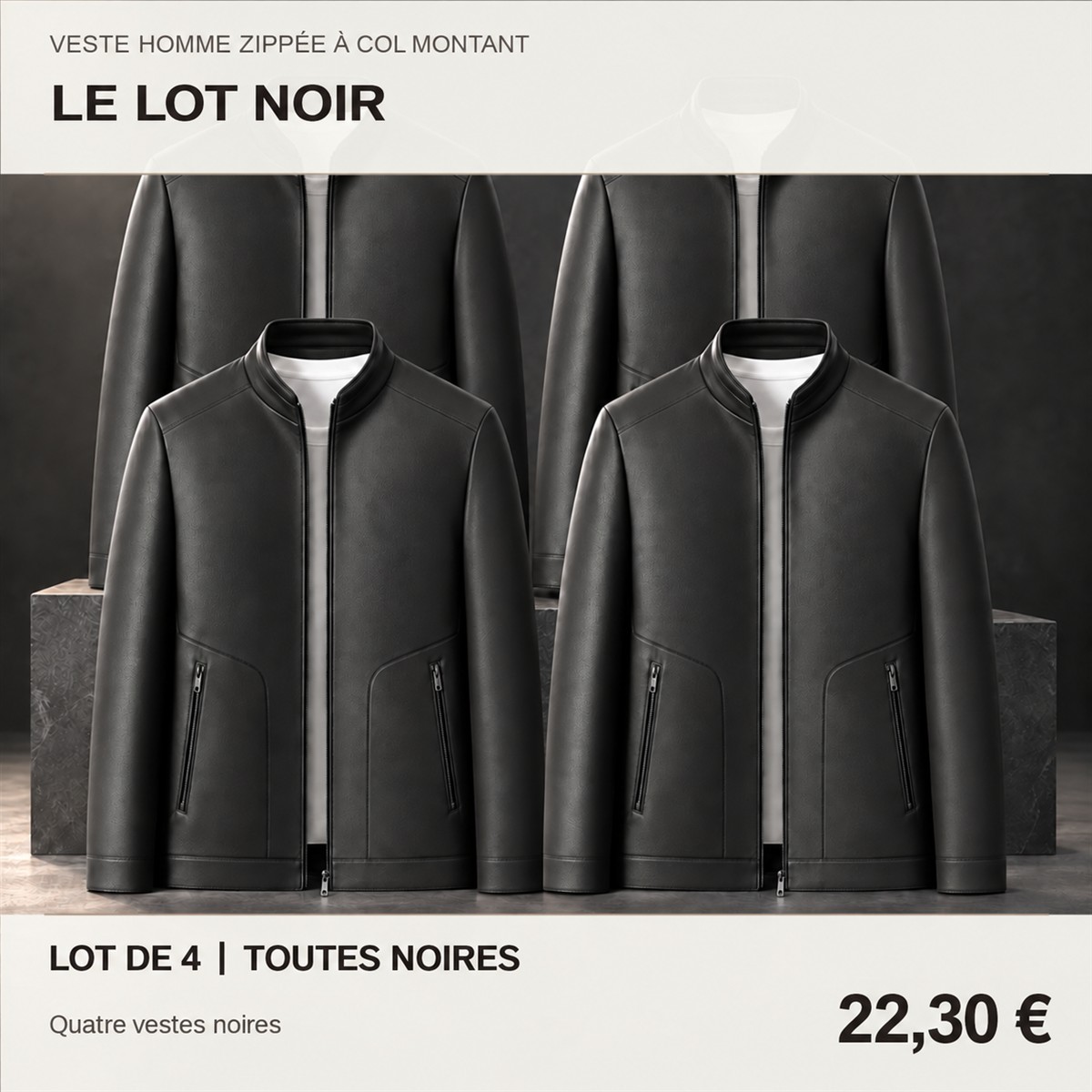 Veste homme zippée à col montant – lot - Noir 鈥?Lot de 4 pièces