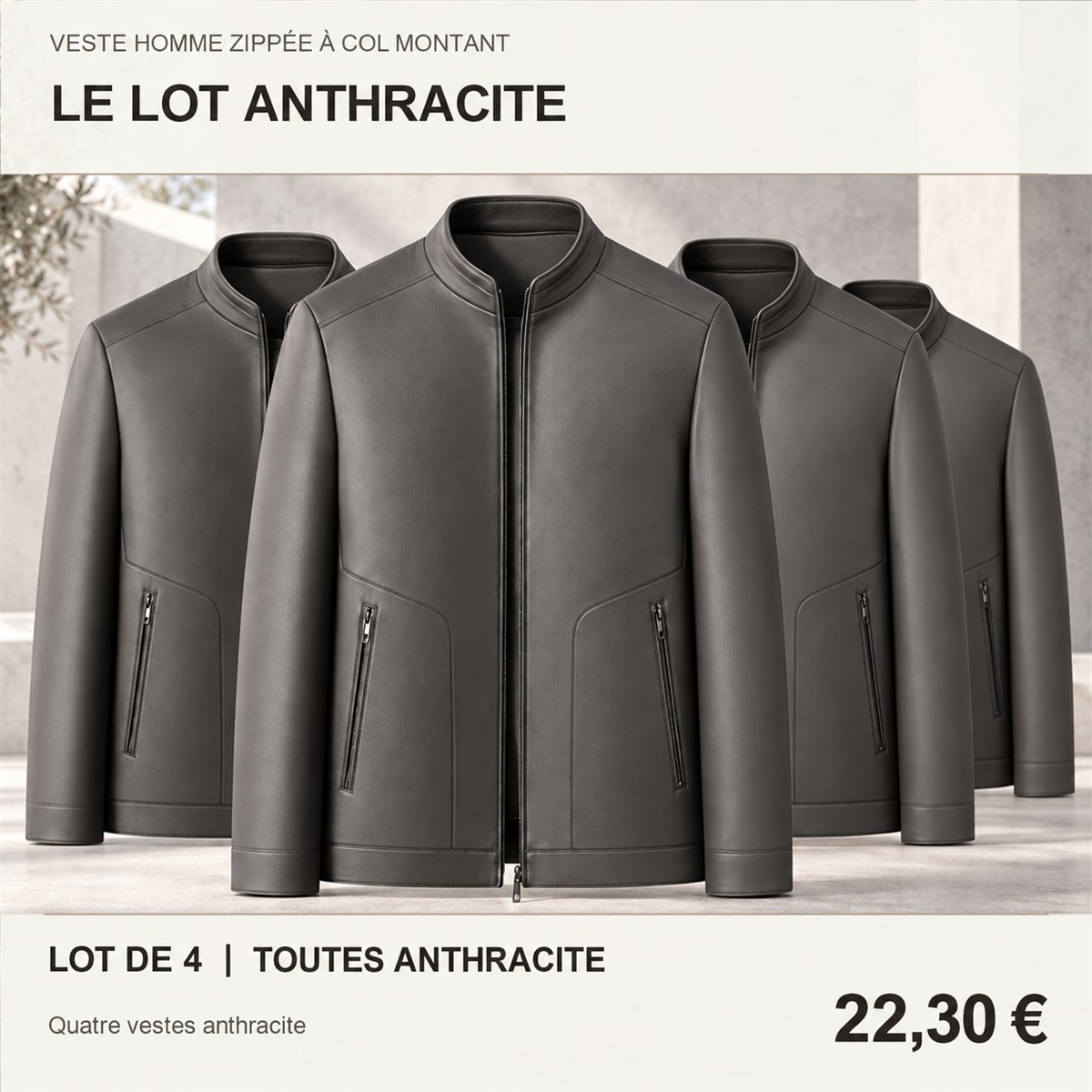 Veste homme zippée à col montant – lot - Anthracite 鈥?Lot de 4 pièces