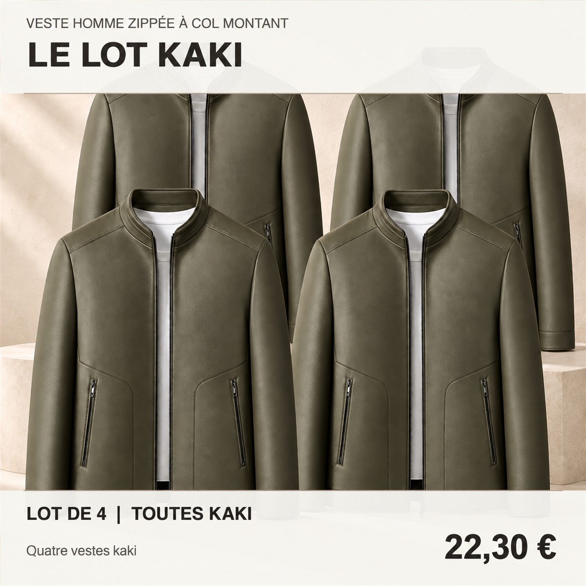 Veste homme zippée à col montant – lot - Olive 鈥?Lot de 4 pièces