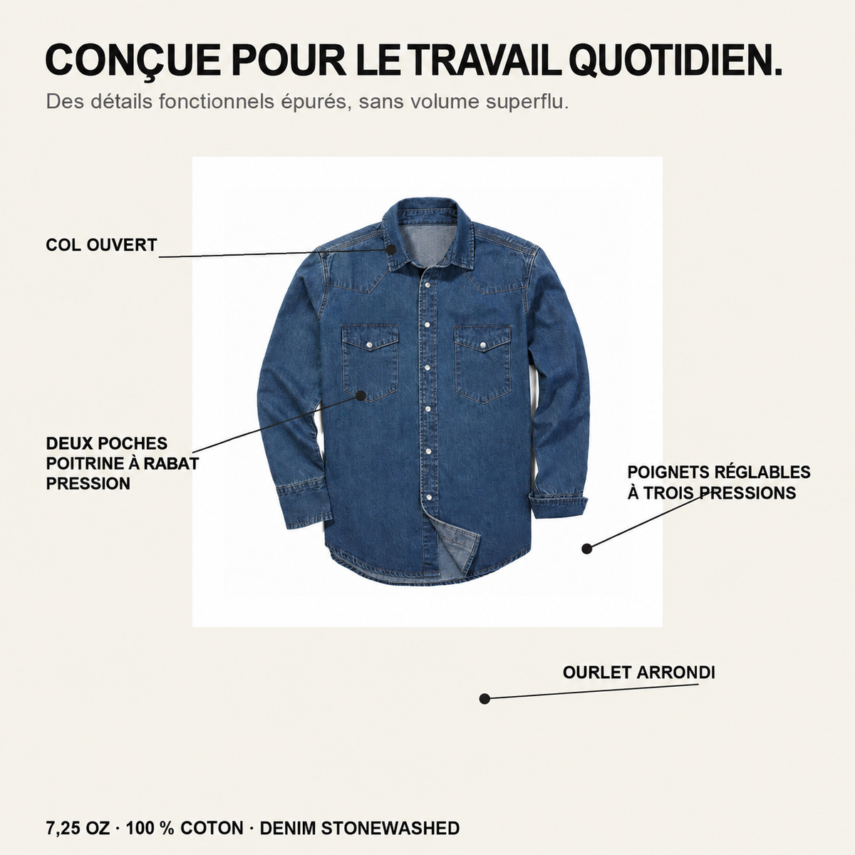 Chemise de travail homme en denim délavé à manches longues - 09