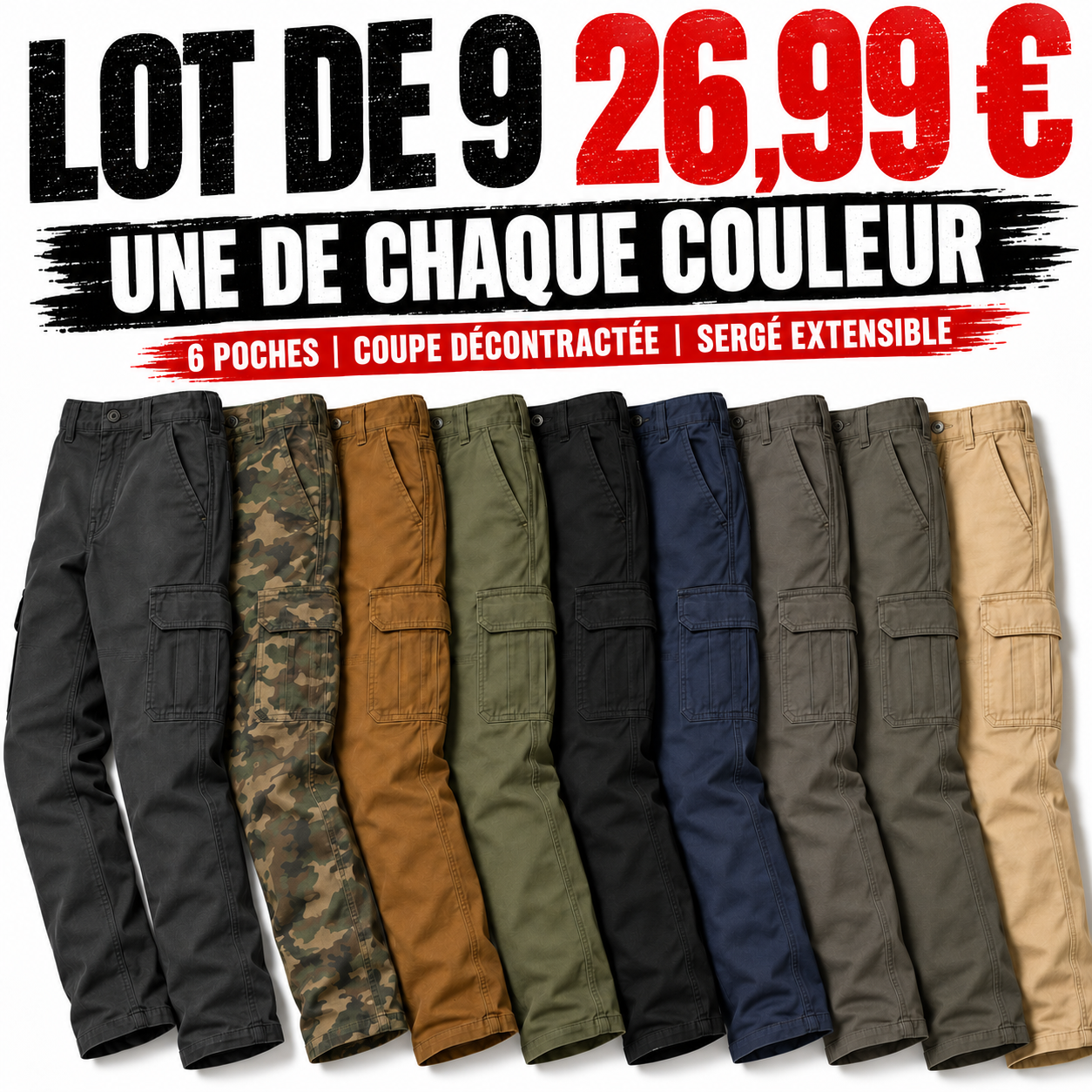 Lot de 9 pantalons cargo extensibles homme coupe décontractée à 6 poches - 01