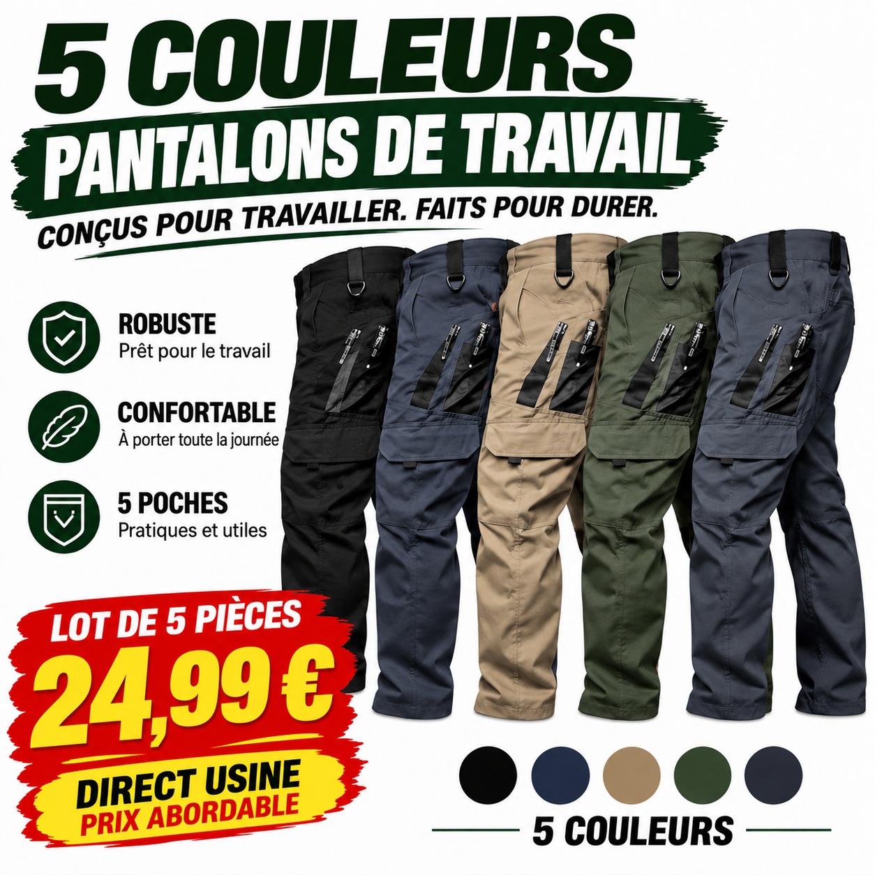 Lot de 5 pantalons de travail homme multipoches - 01