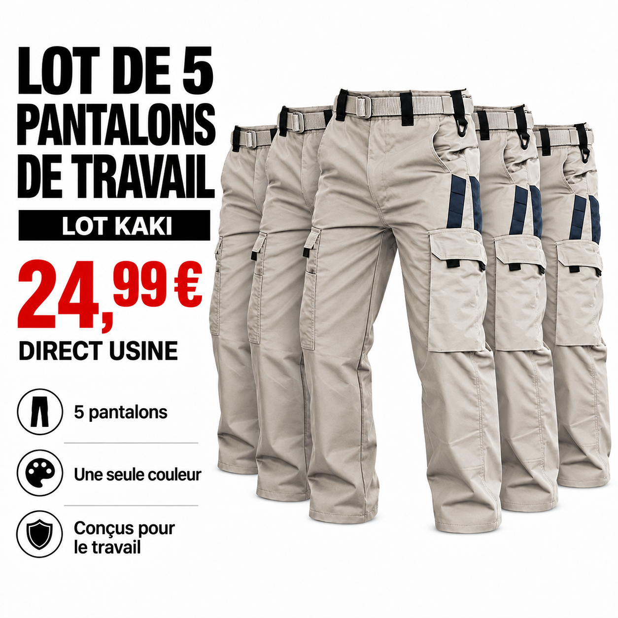 Lot de 5 pantalons de travail homme multipoches - 15