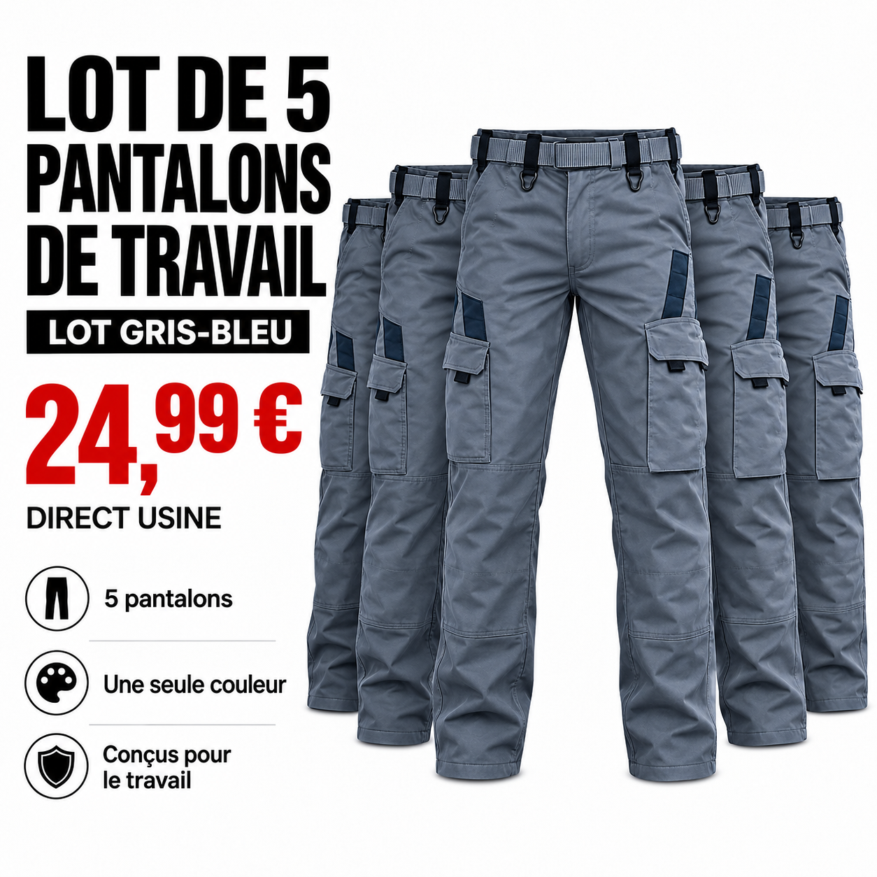 Lot de 5 pantalons de travail homme multipoches - 17