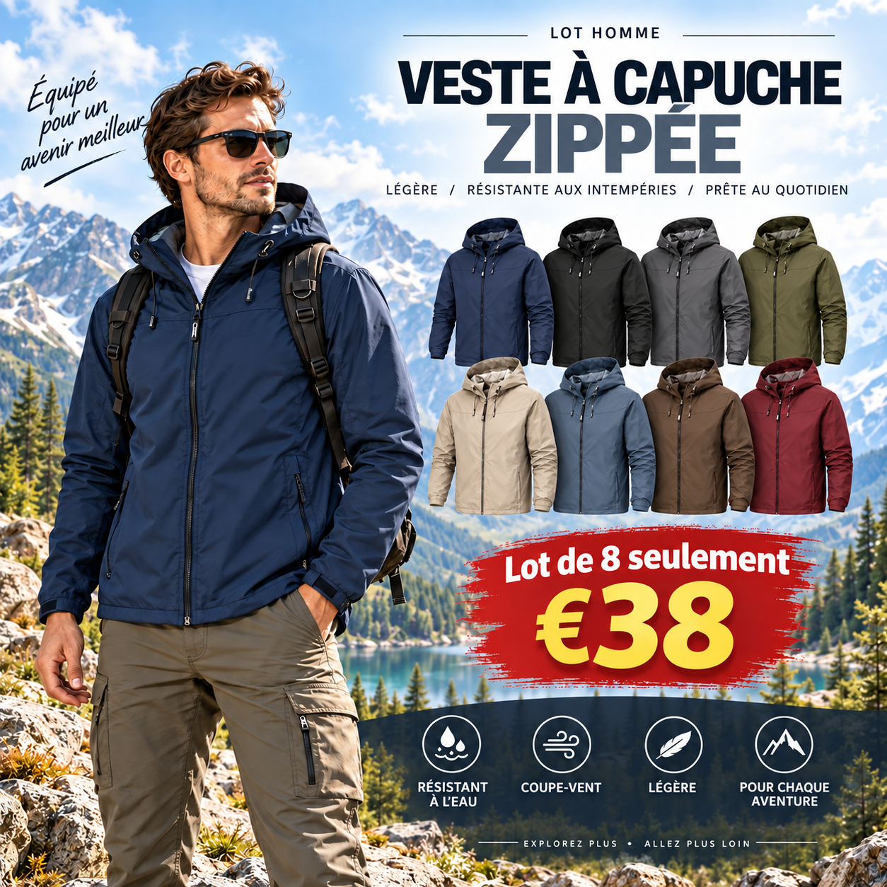 Veste homme à capuche et fermeture zippée – lot