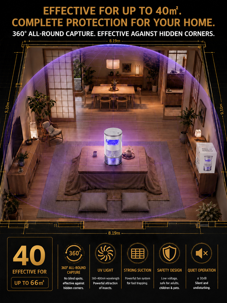 A 4-in-1 powerhouse: highly effective mosquito and insect elimination, air purification, dust removal and sterilization, plus a night light! Meets all your daily needs!