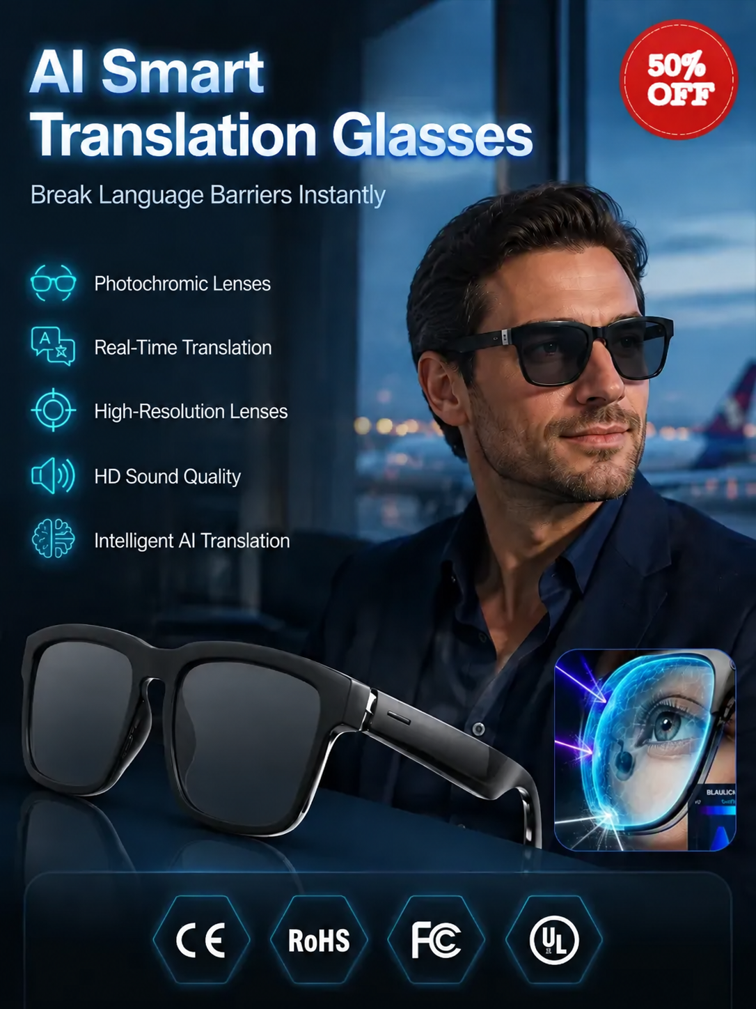 50% OFF! AI Translation Glasses offer 0.5s real-time translation for 150+ languages.