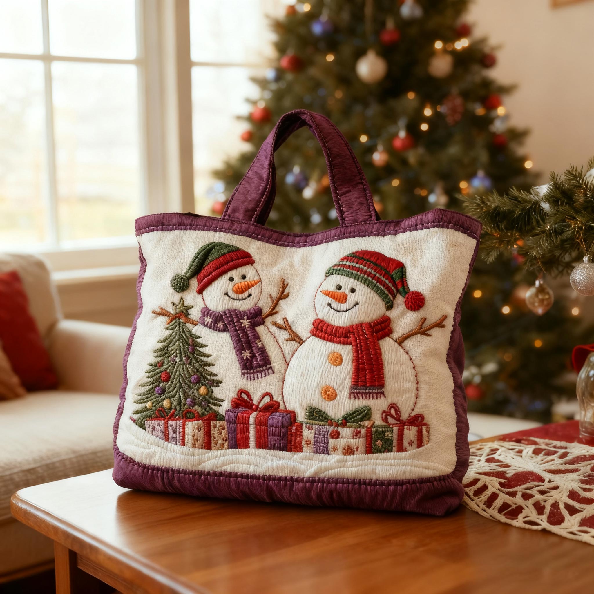Joyful Snowman Quilted Tote Bag High-Mega-Craft