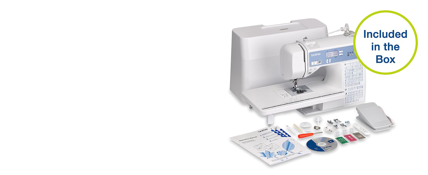 Image of accessories featuring manual. DVD. pedal. feet. bobbins. needles. and more