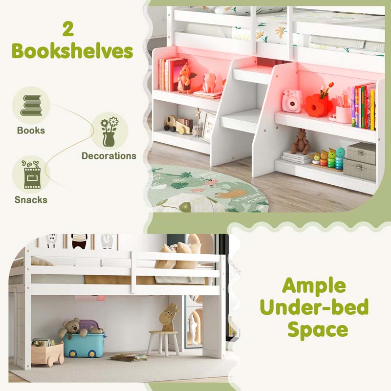 Eletriclife Twin Size Loft Bed with LED Lights with Staircase and Safety Guardrail
