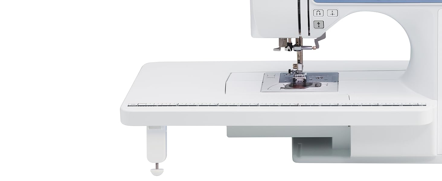 Close-up frontal image with feed system. table extension. and table ruler visible
