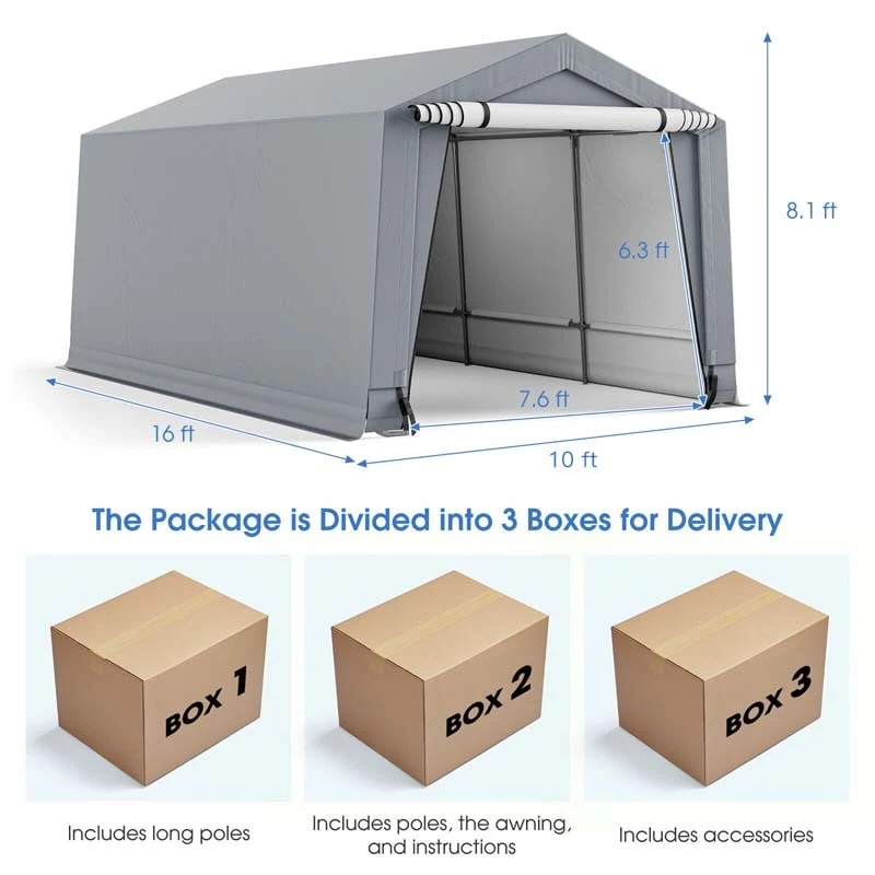 Eletriclife 10 x 16 Feet Portable Heavy Duty Carport Canopy Garage with Doors