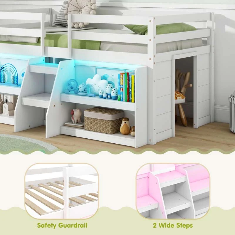 Eletriclife Twin Size Loft Bed with LED Lights with Staircase and Safety Guardrail