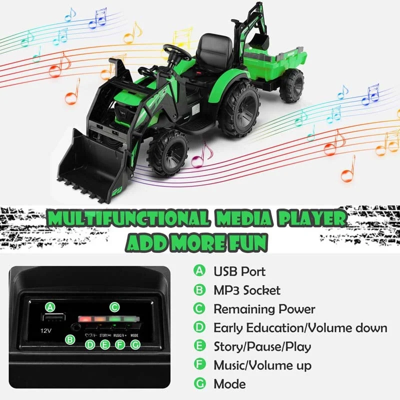 Eletriclife 3-in-1 Kids Ride On Excavator Bulldozer 12V Electric Tractor with Trailer