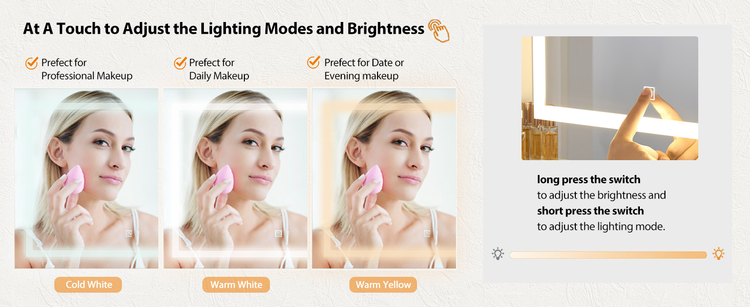 Illuminated mirror with adjustable lighting modes. Three panels show different lighting effects on a person's face. Instructions indicate touch controls for brightness and mode selection.