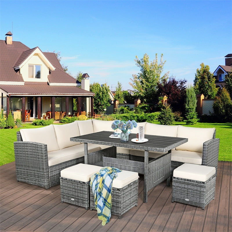 7 PCS Rattan Patio Dining Furniture Sectional Sofa Set with Wicker Ottomans