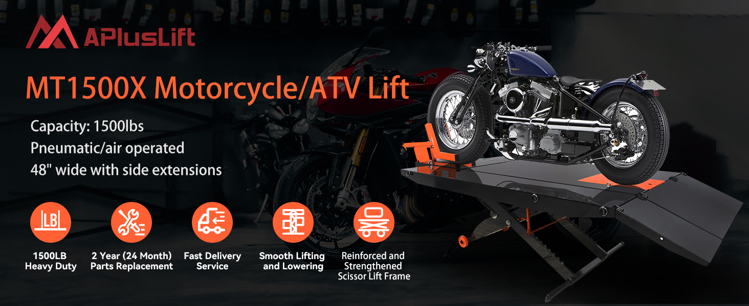 APlusLift MT1500X 1500LB Air Operated 48" Width Motorcycle ATV Lift Table with Side Extensions