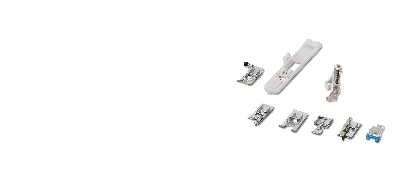 Image of eight sewing feet included with machine