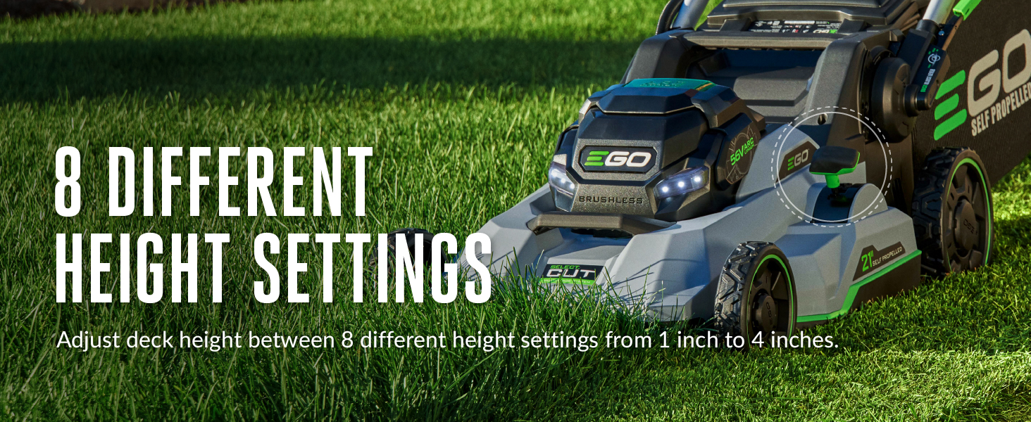mower with LED lights on cutting tall grass on one of the 8 height settings