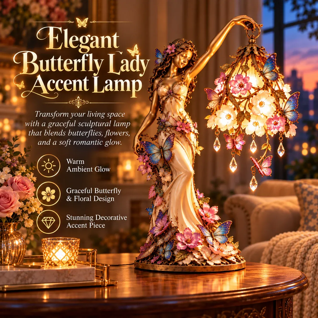 🦋 Butterfly Lady Accent Lamp – Elegant Floral Goddess Light with Crystal Drops🌸🎁