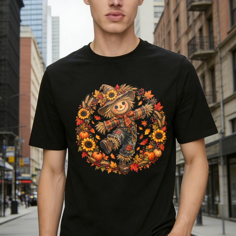 Autumn Scarecrow With Sunflowers And Pumpkins Fall Harvest Wreath Graphic T-shirt