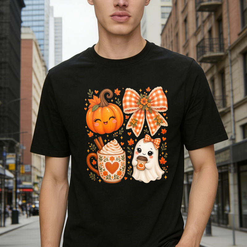 Cute Halloween Pumpkin Ghost And Autumn Latte Coffee Cup With Gingham Bow Graphic T-shirt
