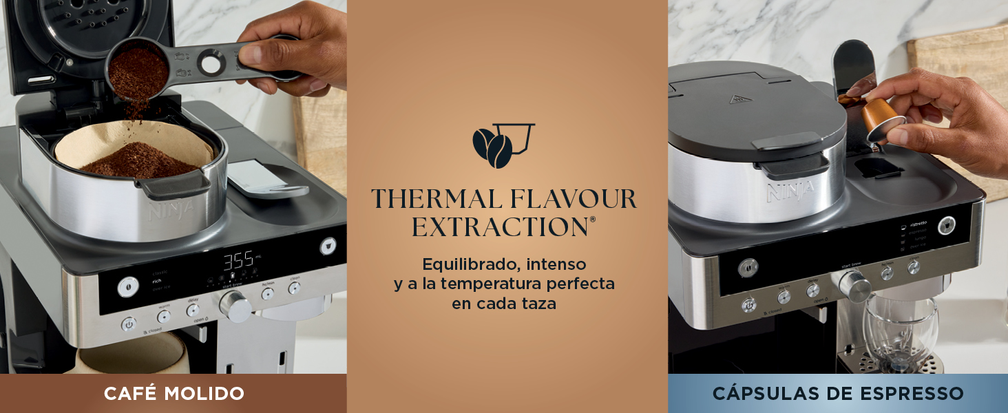 El texto dice «EXTRACCIÓN TÉRMICA DE SABOR», «CAFÉ MOLIDO». Serie de imágenes que muestran las piezas de la cafetera y el proceso de elaboración con detalles detallados de los componentes de la máquina.
