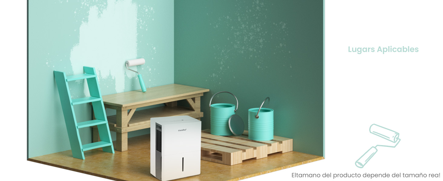 Configuración de habitación en miniatura con paredes turquesas con escritorio de madera, estanterías con escalera y pequeños electrodomésticos blancos
