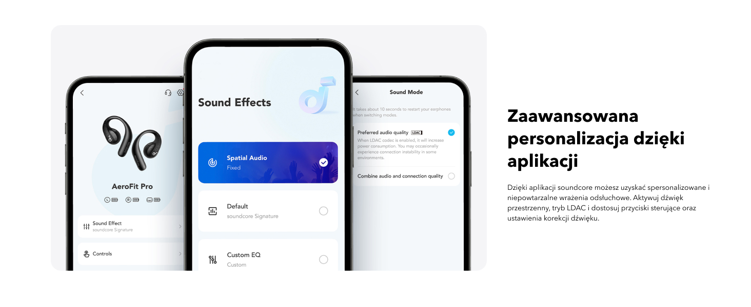Interfejs aplikacji mobilnej prezentujący funkcje efektów dźwiękowych, wyświetlanie wielu ekranów z kontrolkami audio i menu ustawień w lekkim motywie