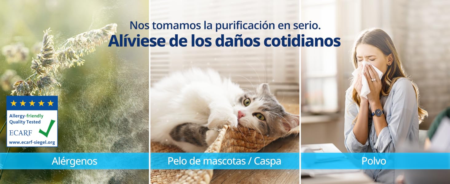 Imagen de marketing compuesta que muestra tres paneles relacionados con la purificación del aire: alergias exteriores, caspa de mascotas y alergias interiores, con texto en español superpuesto