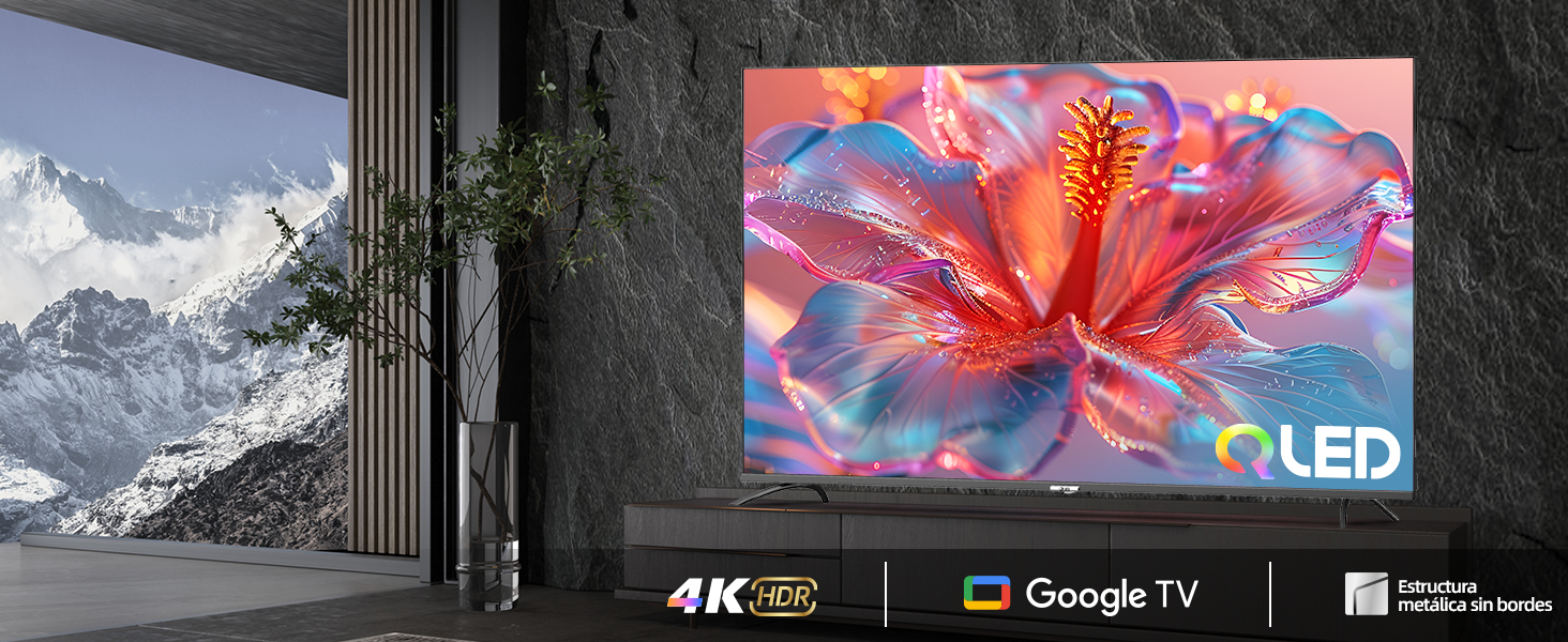 que muestra una vibrante imagen de flores, con vista a la montaña a través de la ventana. Cuenta con compatibilidad con 4K HDR y Google TV