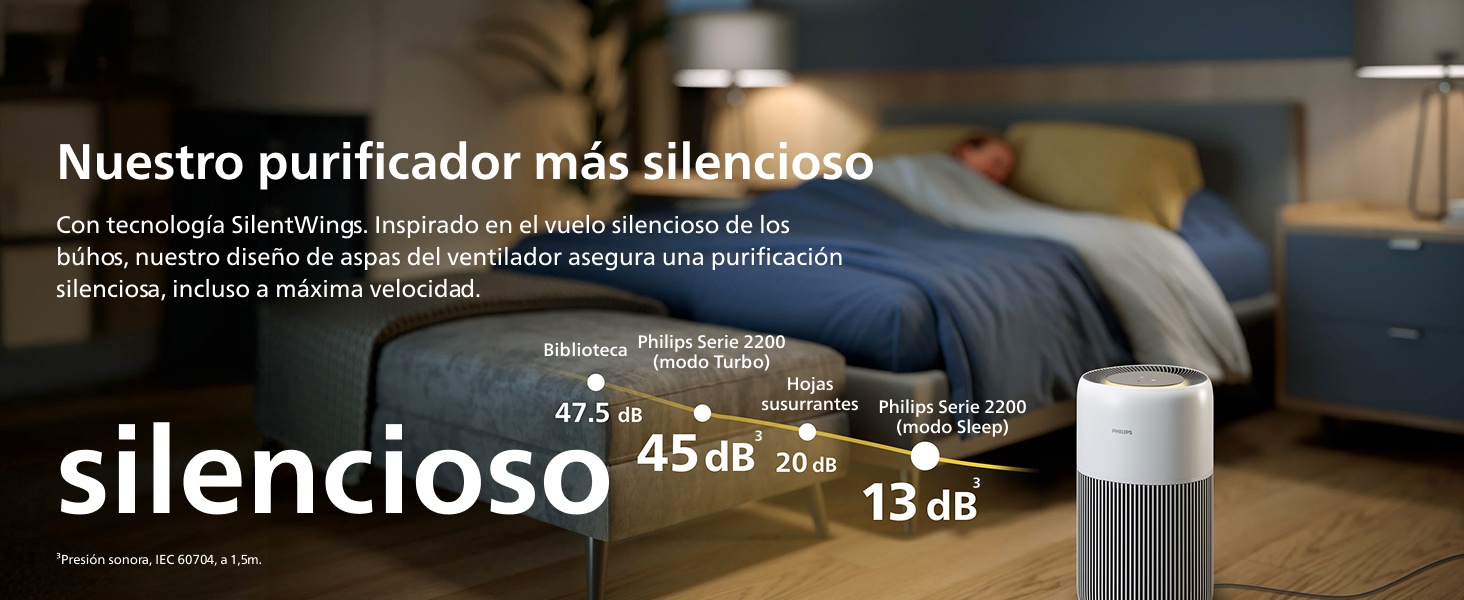 El texto dice «Nuestro purificador más silencioso». Imagen promocional oscura que muestra lo que parece ser un dispositivo purificador de aire.