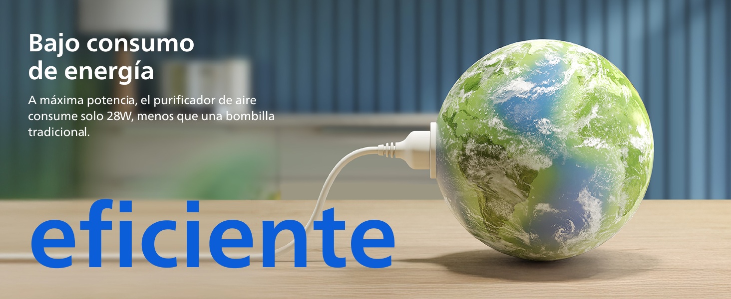 El texto dice «Bajo consumo de energía» y «eficiente». Imagen con temática de sostenibilidad ambiental con un globo terráqueo y elementos verdes que destacan la eficiencia energética.