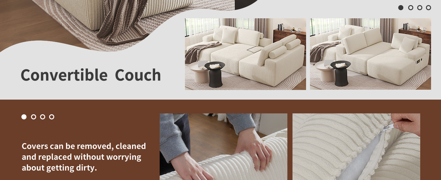 Der Text lautet „Convertible Couch“. Das dreiteilige Bild zeigt ein beigefarbenes Sofa. das sich von einer Couch in eine Bettkonfiguration verwandelt.