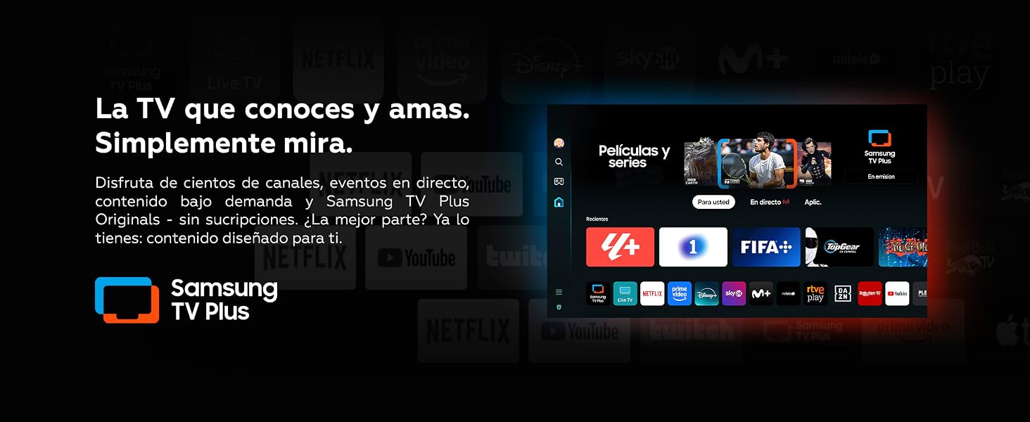 El texto dice «La TV que conoces y amas. Simplemente mira.» y «Samsung TV Plus». Se muestra la interfaz de Smart TV que muestra el menú de contenido en streaming con varios iconos de aplicaciones sobre un fondo oscuro.