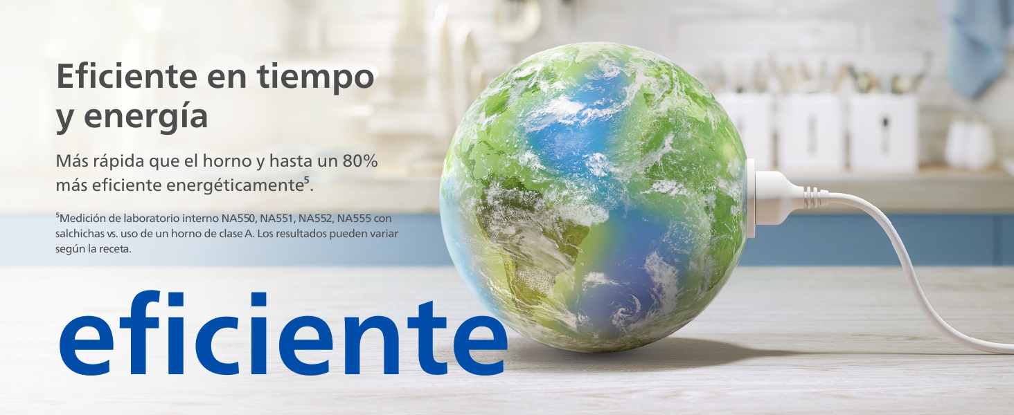 El texto dice «Eficiente en tiempo y energía» y «eficiente». La imagen muestra un globo o un mapa mundial con una visualización del concepto ambiental o de eficiencia.