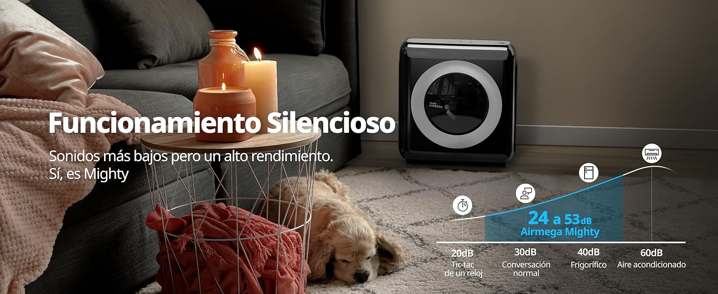 El texto dice «Funcionamiento Silencioso» con las especificaciones del producto. La imagen muestra una aspiradora limpiando una alfombra de color oscuro con residuos rojos visibles, lo que demuestra una función de funcionamiento silencioso.
